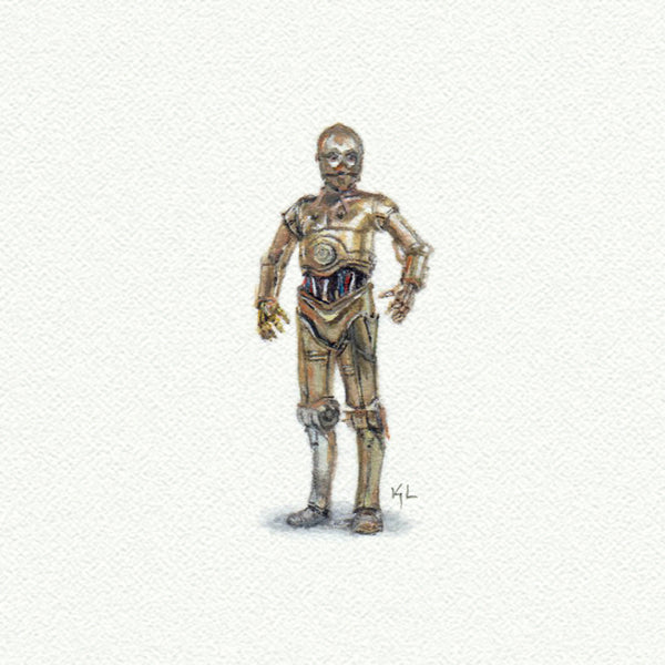 C-3PO Starwars Droid Miniature watercolor reproduction by Karen Libecap