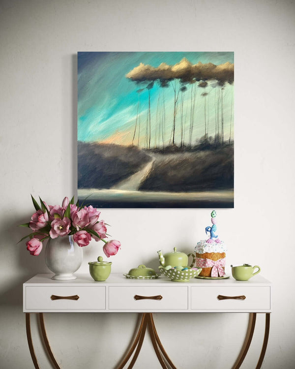 Ethereal series #07: Original acrylic painting of a teal sky and sunset with golden tree tips on gallery-wrapped canvas over a white console table.