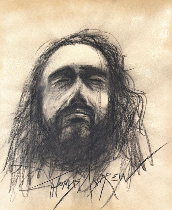 Jesus Closed Eyes Looking Up 01 / Sepia Charcoal