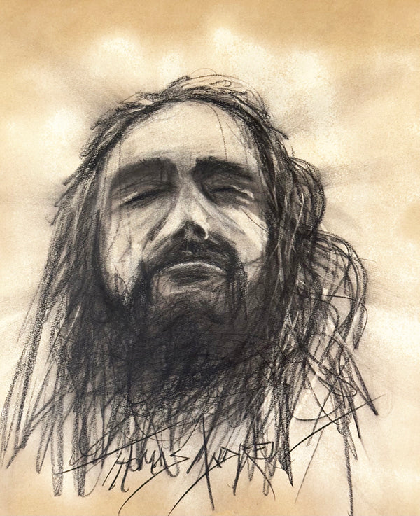 Jesus Closed Eyes Looking Up 02 / Sepia Charcoal