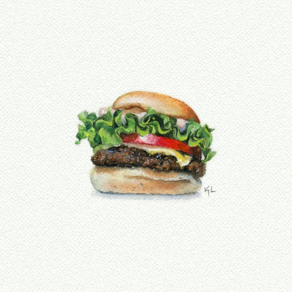 Cheese Burger Miniature watercolor reproduction by Karen Libecap