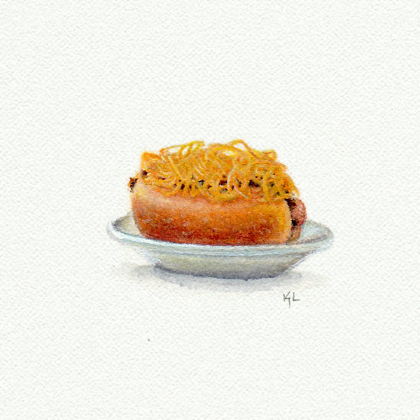 Chili Dog Miniature watercolor reproduction by Karen Libecap