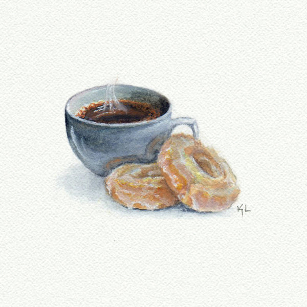 Coffee and Donuts Miniature watercolor reproduction by Karen Libecap