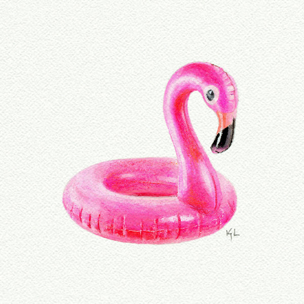 Flamingo Pool Float Miniature watercolor reproduction by Karen Libecap