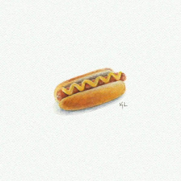 Hotdog Miniature watercolor reproduction by Karen Libecap