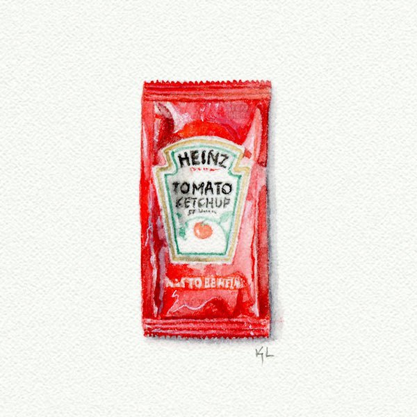 Ketchup Packet Miniature watercolor reproduction by Karen Libecap