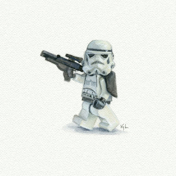 Lego Storm Trooper Miniature watercolor reproduction by Karen Libecap