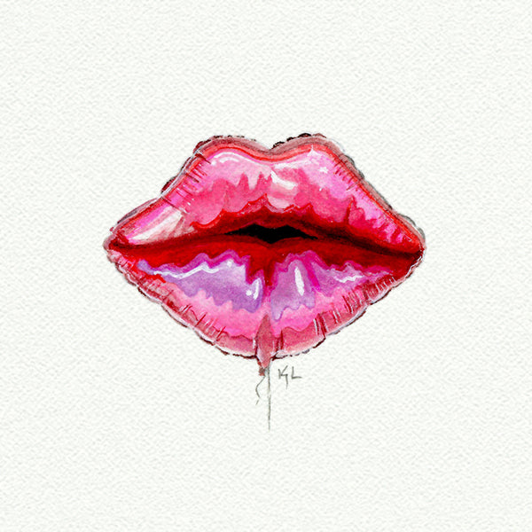 Lip Kiss Mylar Balloon Miniature watercolor reproduction by Karen Libecap