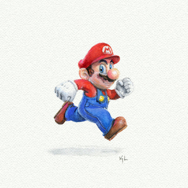 Mario miniature watercolor reproduction by Karen Libecap