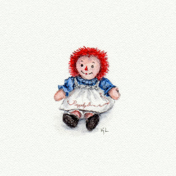 Raggedy Ann miniature watercolor reproduction by Karen Libecap