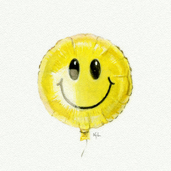 Smiley Face Mylar Balloon miniature watercolor reproduction by Karen Libecap