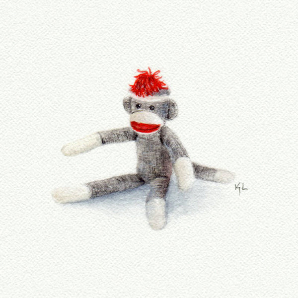 Sock Monkey Miniature watercolor reproduction by Karen Libecap