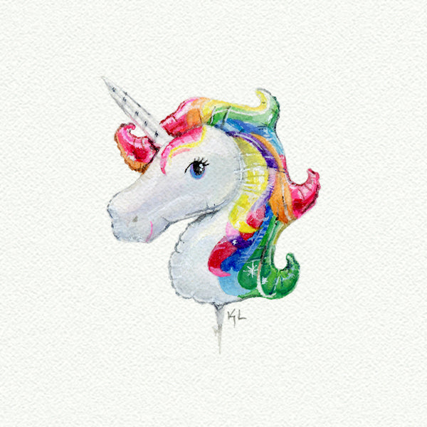 Unicorn Mylar Balloon Miniature watercolor reproduction by Karen Libecap